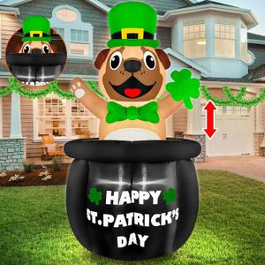 5 Ft Animated St. Patricks Day Inflatables Bulldog Wearing Green Hat Holding Lucky Shamrock On Gold Coin Pot, Blow Up Outdoor Decorations Built-in LEDs for Garden Yard Lawn Indoor Party Decor