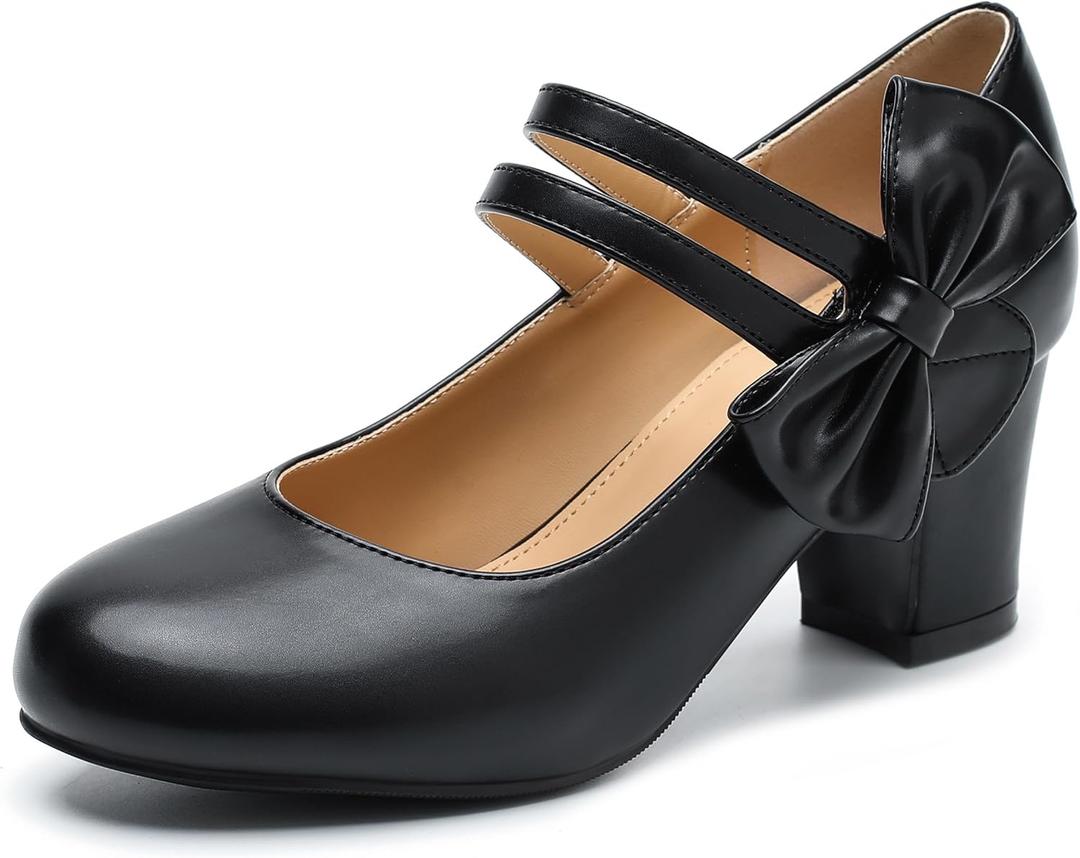 fereshte Women's Mary Jane Pumps with Bow, Round Closed Toe, Double Strap Chunky Heel Shoes, Size 7.5