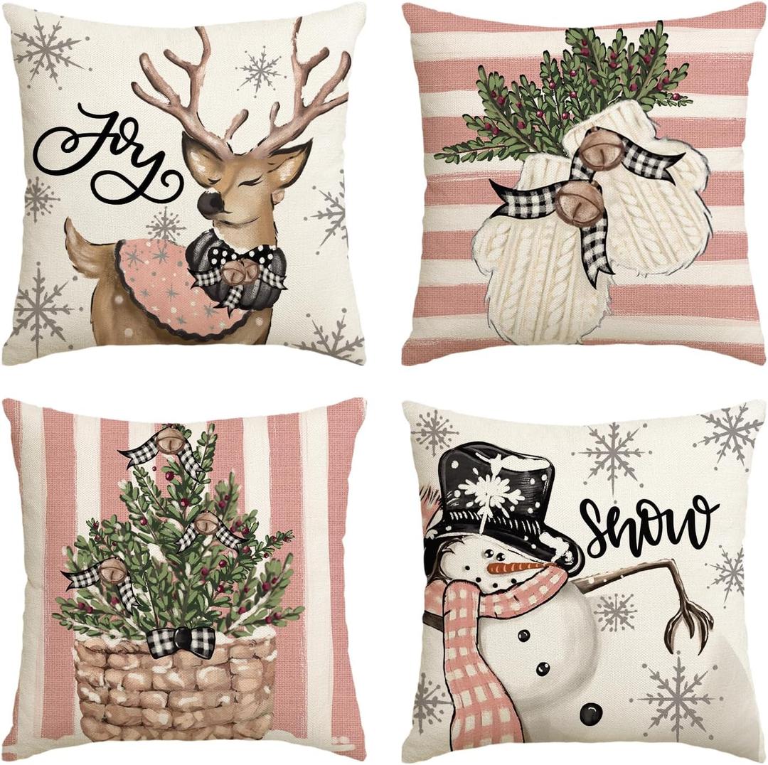 AVOIN colorlife Pink Christmas Snowman Reindeer Gloves Eucalyptus Throw Pillow Covers, 18 x 18 Inch Winter Holiday Stripes Cushion Case Decoration for Sofa Couch Set of 4