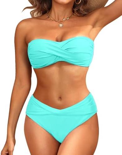 Women's Strapless Bandeau Bikini Set - Twist Front Two Piece Swimsuit with Side Tie Bathing Suit Bottom M