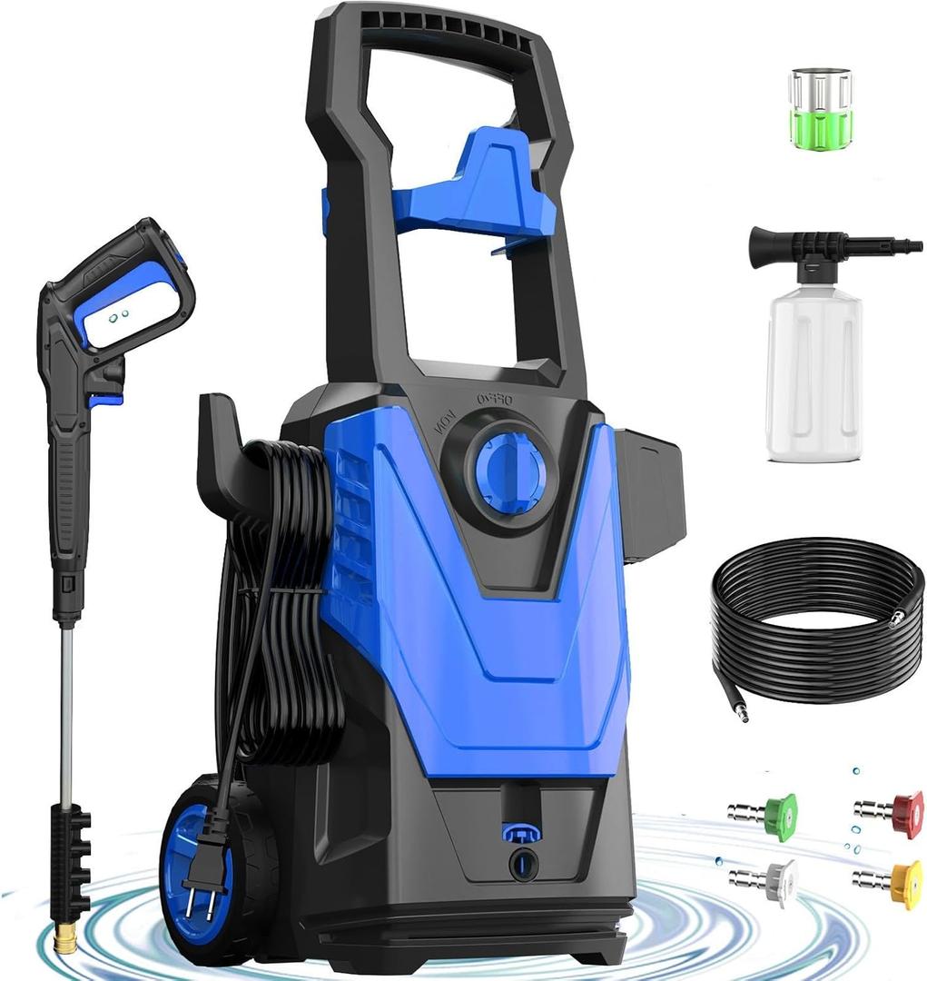 Electric Pressure Washer, 4800PSI Max 3.0GPM Power Washer Electric Powered with 20FT Hose, 35FT Power Cord, 4 Nozzles Foam Cannon High Pressure Washer for Car Patio Garden Fences(Bule)