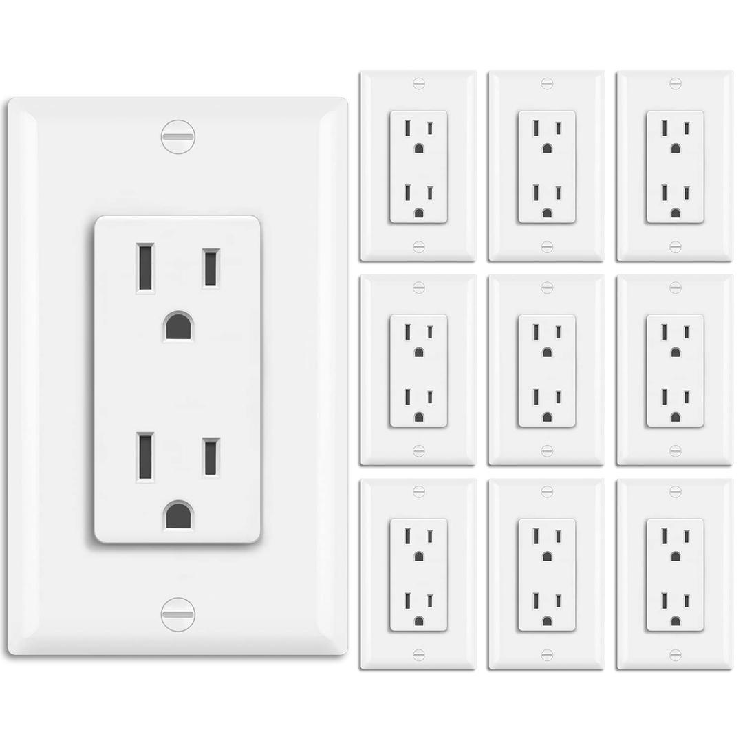 BESTTEN 15 Amp Decorator Receptacle Outlet, Standard Electrical Wall Outlet for Residential and Commerical Use, 15A/125V/1875W, Decor Wall Plate Included, UL Listed, 10 Pack, White