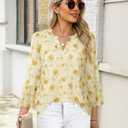 Timeson Womens 3/4 Sleeve Tops: Business Casual - Dressy Blouses for Women - Polyester Shirts for Women Cute Floral Ladies Top Loose Fitted Spring Tunics for Leggings Flowy Office Work Rose Yellow XL