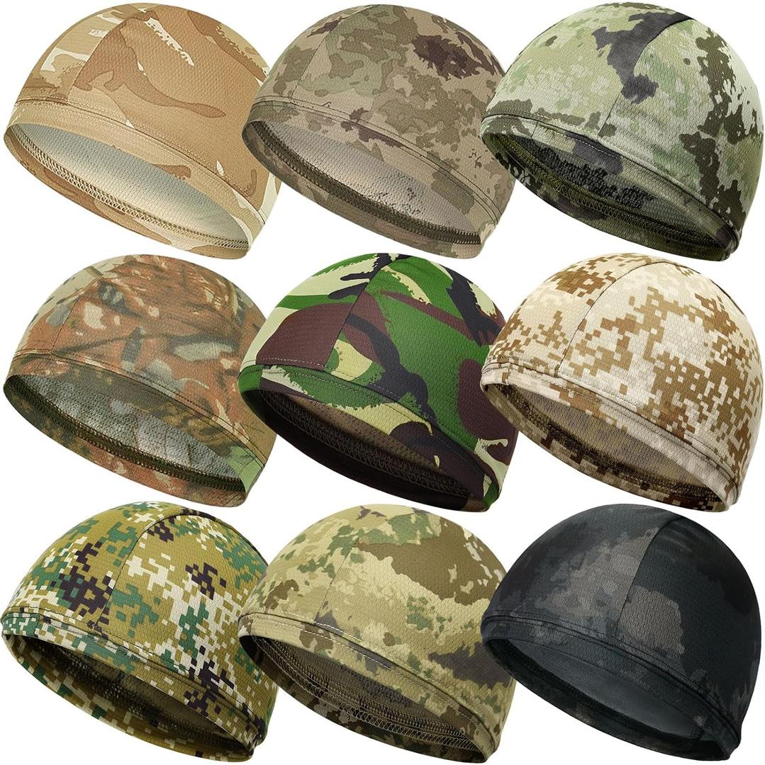 9 Pcs Cooling Skull Cap Camo Liner Sweat Wicking Lightweight Cycling Cap Running Head hat for Men Women