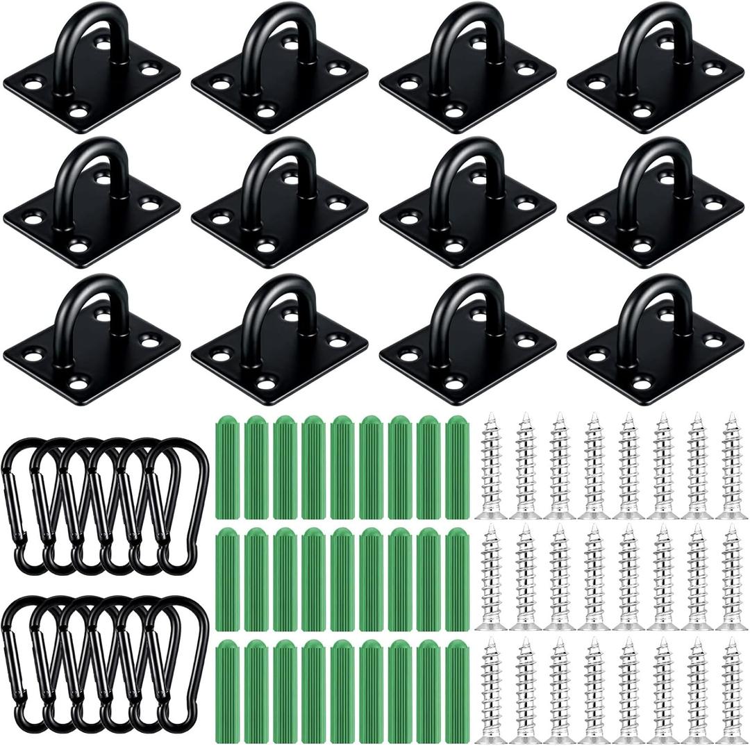 Shimeyao 12 Sets Stainless Steel Ceiling Hooks Pad Eye Snap Hooks and Screw Heavy Duty Eye Plate U Screw Hook Hardware Staple for Indoor and Outdoor