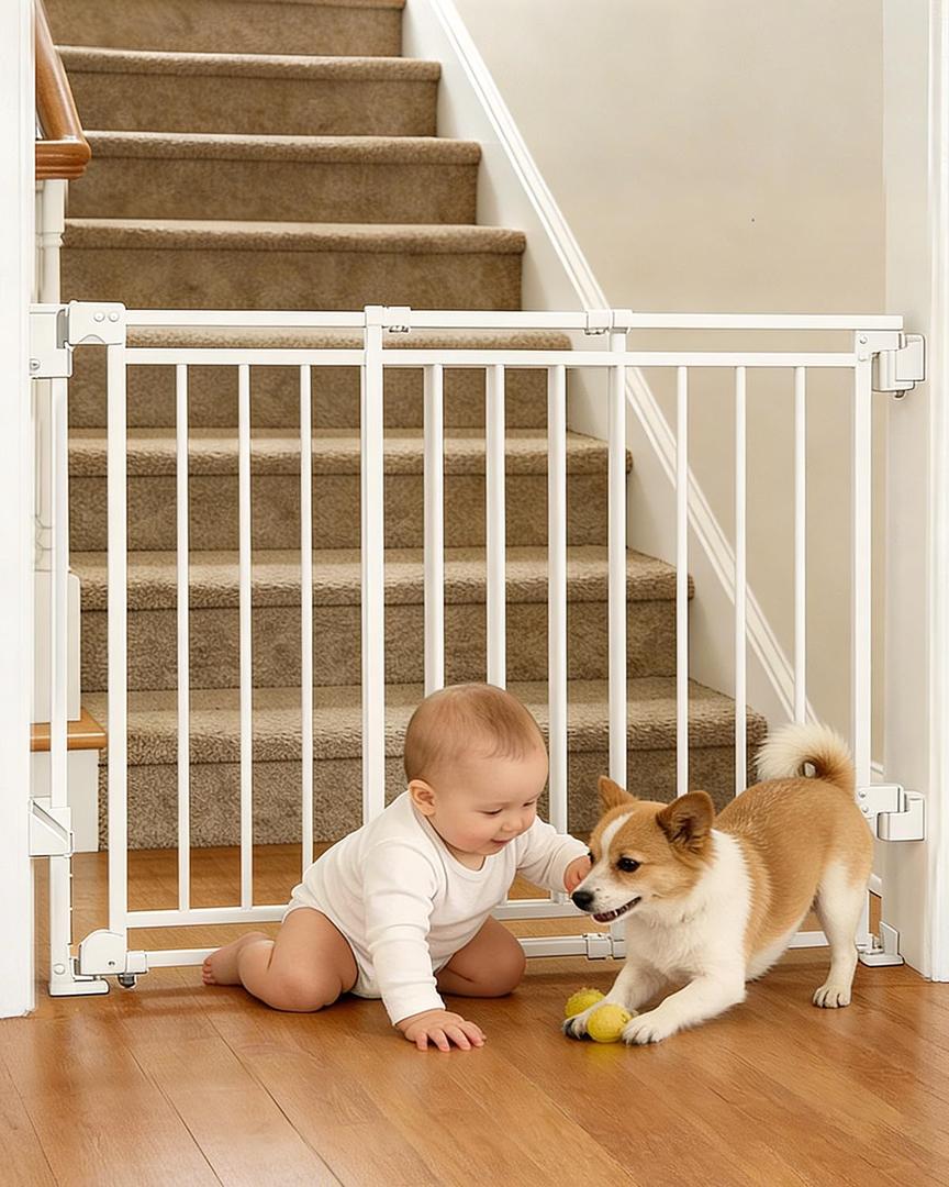 Extra Wide Baby Gate for Doorways 29" Tall Safety Gate for Kids&Pets,Pressure Mounted with Auto Close,Walk-Thru Metal Gate,Adjustable Width 26.4"-43",Indoor Pet Gate for Stairs & Hallways White