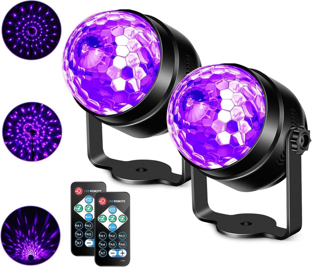 Litake UV Black Lights for Glow Party, 6W LED Disco Ball Strobe Lights for Dark Party Supplies, Sound Activated with Remote Control, Dj Light for Halloween Xmas Birthday Party Home Decorations, 2 Pack