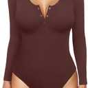 Popilush Long Sleeve Shapewear Bodysuit Tummy Control Henley Button Up Modal Scoop Neck Body Suit Tank Tops (Medium-Large, Brown)