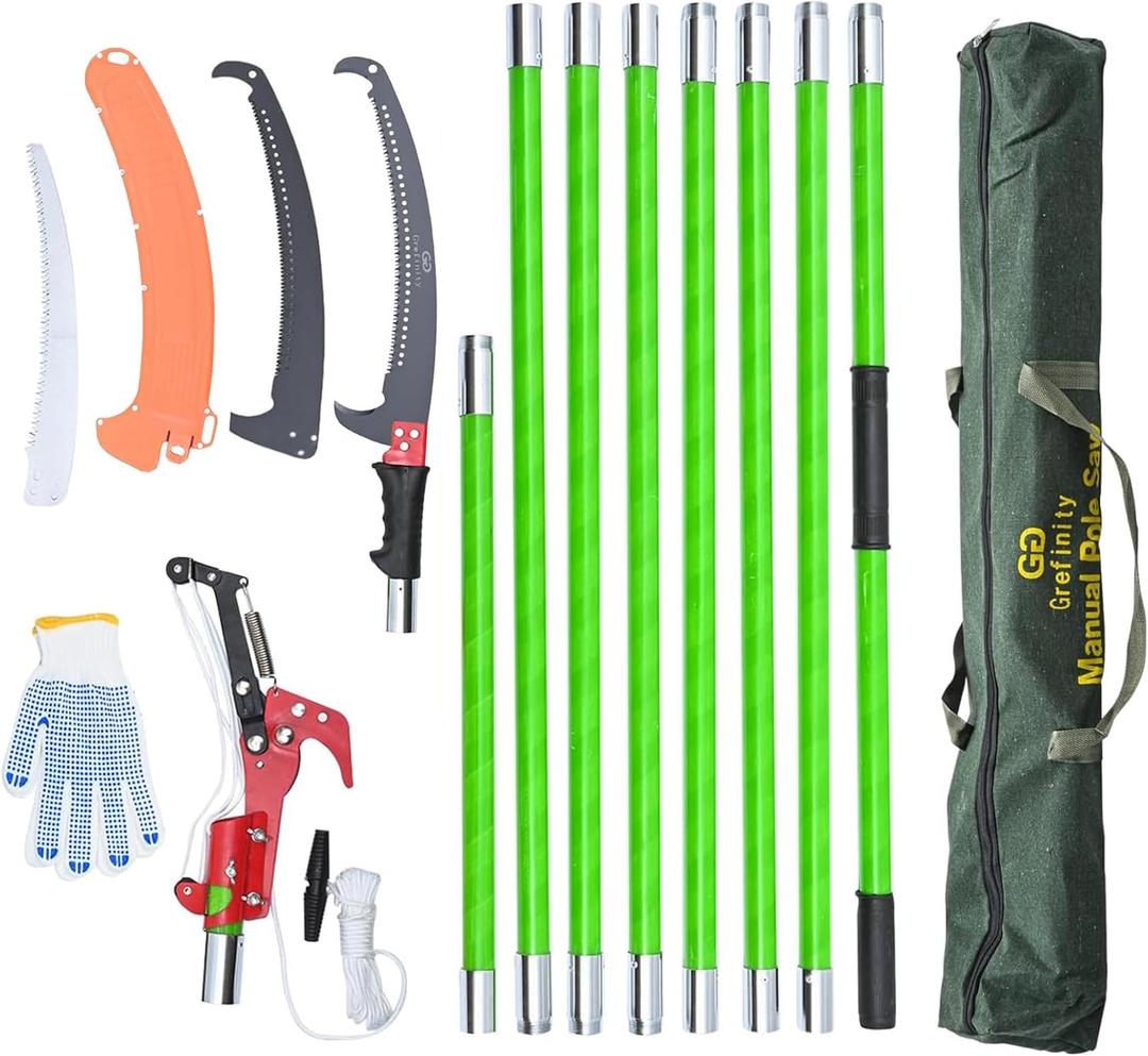 Manual Pole Saw for Tree Trimming, 27 FT Manual tree purner with 8 Fiberglass Handles, Sharp steel Blade and Scissors, Easy to Carry and Extendable Design for Tree Maintenance, Green