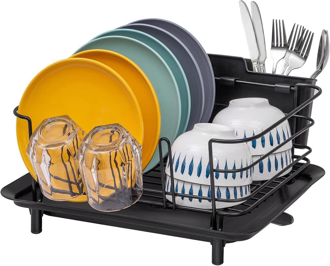BRIAN & DANY Dish Drying Rack, Stainless Steel Dish Racks for Kitchen Counter, Dish Rack with Cutlery Holder & Drainboard, 15.5"x 11.8"x 8.58", Black