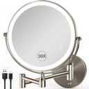 30X/1X Wall Mounted Makeup Mirror with Light: 8.5 Inch Double-Sided, 3 Color Modes, USB-C Rechargeable, 360 Swivel, Brushed Nickel