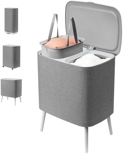 THEVryndlyx Large Collapsible Laundry Basket: with Handles & Legs – Heavy Duty Foldable Laundry Hamper 2-Section Organizer Tall Dirty Clothes Basket for Home Dorm Laundry Baskets (GREY, 60L)