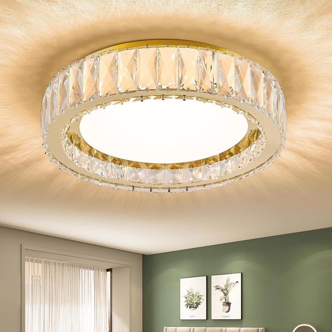15 Inch Dimmable LED Crystal Flush Mount Ceiling Light,Modern Gold 36W 5CCT 3000K-6000K Chandelier Large Round Lighting Fixtures for Bedroom,Living Room,Laundry Room,Dining Room