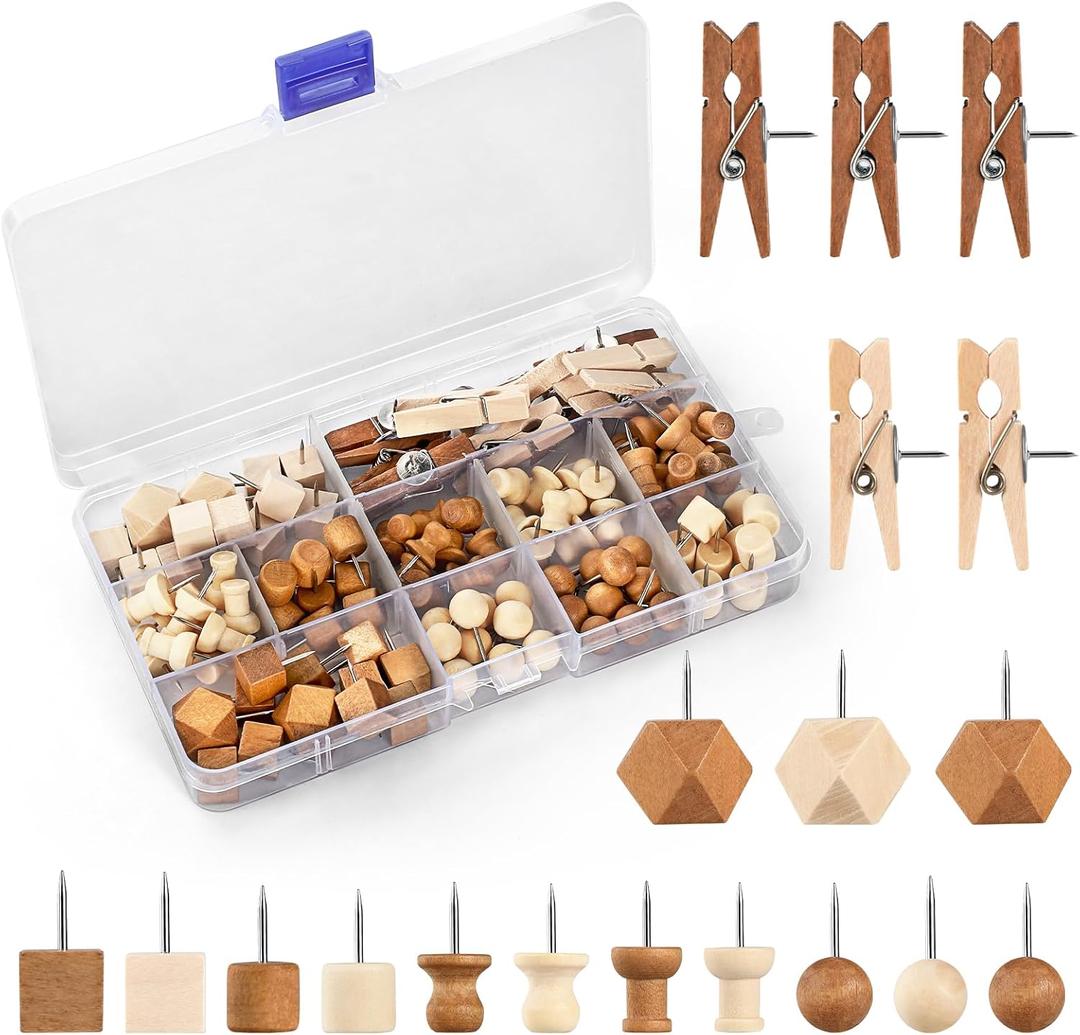 114Pcs Decorative Push Pins in 7 Types and 2 Colors Wooden Push Pins Cute Thumb Tacks Clips for Cork Board Bulletin Board Wall Cubicle Crafts for Office Classroom Farmhouse with Storage Box (Mixed)