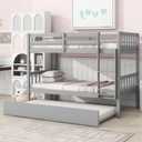 Bellemave Twin Over Twin Bunk Bed with Trundle, Solid Rubber Wood Frame, Convertible into 2 Twin Size Beds, Gray (Grey), Box 1 of 2
