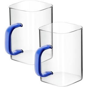 Tupalizy 8.5oz Drinking Glasses Square Glass Coffee Cups Clear Tumbler with Handle for Water Iced Coffee Tea Juice Cocktail Mixed Drinks Dessert Kitchen Glassware Party Gifts,Set of 2,Blue
