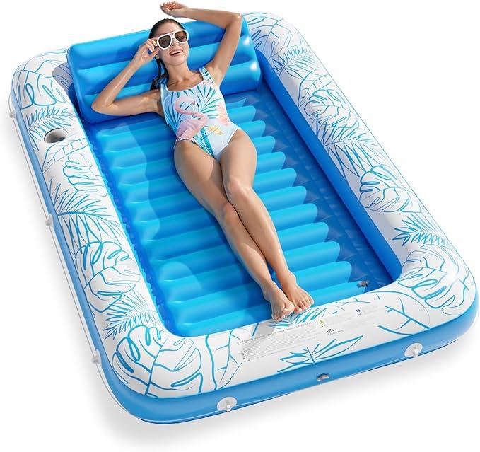 Inflatable Tanning Pool Lounger Float,Lake Floats for Adults - 71" X 71" Large Pool Floats with Headrest and Cup Holder Sunbathing Pool Lounge Raft Floatie Toys Water Filled Bed Mat Pad﻿