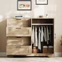 IDEALHOUSE 43.3'' H Armoire Wardrobe Closet with 4 Drawers and 2 Doors, Hanging Rod, Multifunctional Wooden Dresser with Storage Closet, Bathroom Cabinet for Bedroom, Natural Oak