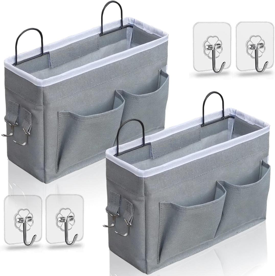 2pcs Middle Wall Hanging Organizer Bag, Linen Fabric Door Hanging Storage Basket with Pockets, Waterproof Bin for Kitchen, Bedroom, Office, RV Camper (Gray)