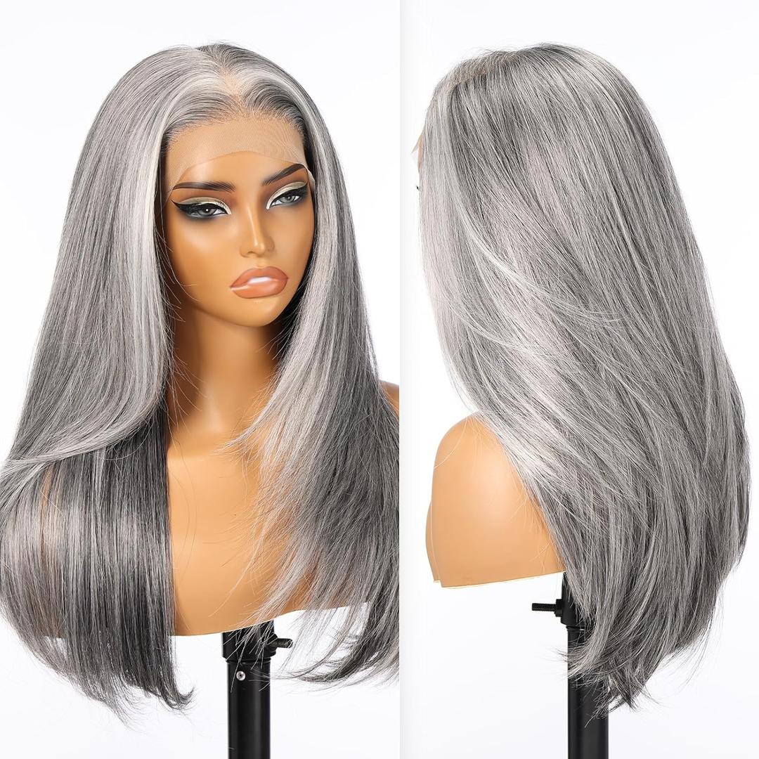 Grey Mixed Synthetic Lace Front Wig, 13X6 Long Straight Layered Glueless Wigs for Women Daily Use 22IN(#2/606HL)