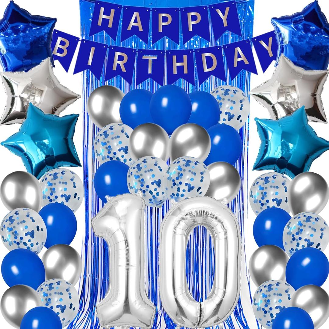 10th Birthday Decorations for Boys Silver Blue Happy 10th Birthday Banner Tenth Party Supplies 32inch Number 10 Balloons Fringe Curtain 10 Years Old Bday Party Supplies Kit for Him Her Girls (Silver)