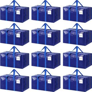 12 Pack Extra Heavy Duty Large Moving Bags with Strong Zipper & Comfortable Handles, Sturdy & Durable Clothes Storage Bags Totes Bins, Packing Moving Boxes for College Supplies, Blue