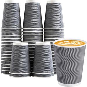 Lamosi 12 oz Insulated Coffee Cups Disposable - 50 Count Grey Paper Coffee Cups No Lids 12oz, Corrugated Ripple Wall Design for Hot Cold Drinks