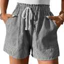 Verdusa Women's Cruise Outfits 2026 Striped Shorts Linen Clothes Summer Drawstring Waist Striped Straight Leg Shorts (Black and White), Large