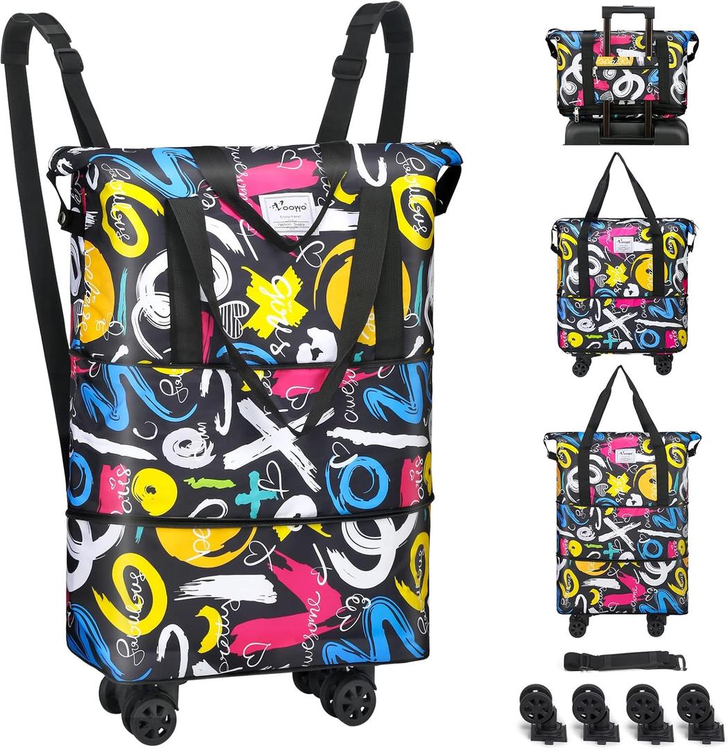 VOOWO Duffel Bag with Wheels - Rolling Foldable Expandable Duffle Bag with Wheels for Travel, Rolling Luggage Carry On Bag with Wheels, Large Rolling Backpack Weekend Bags for Men Women (Black) (Graffiti)