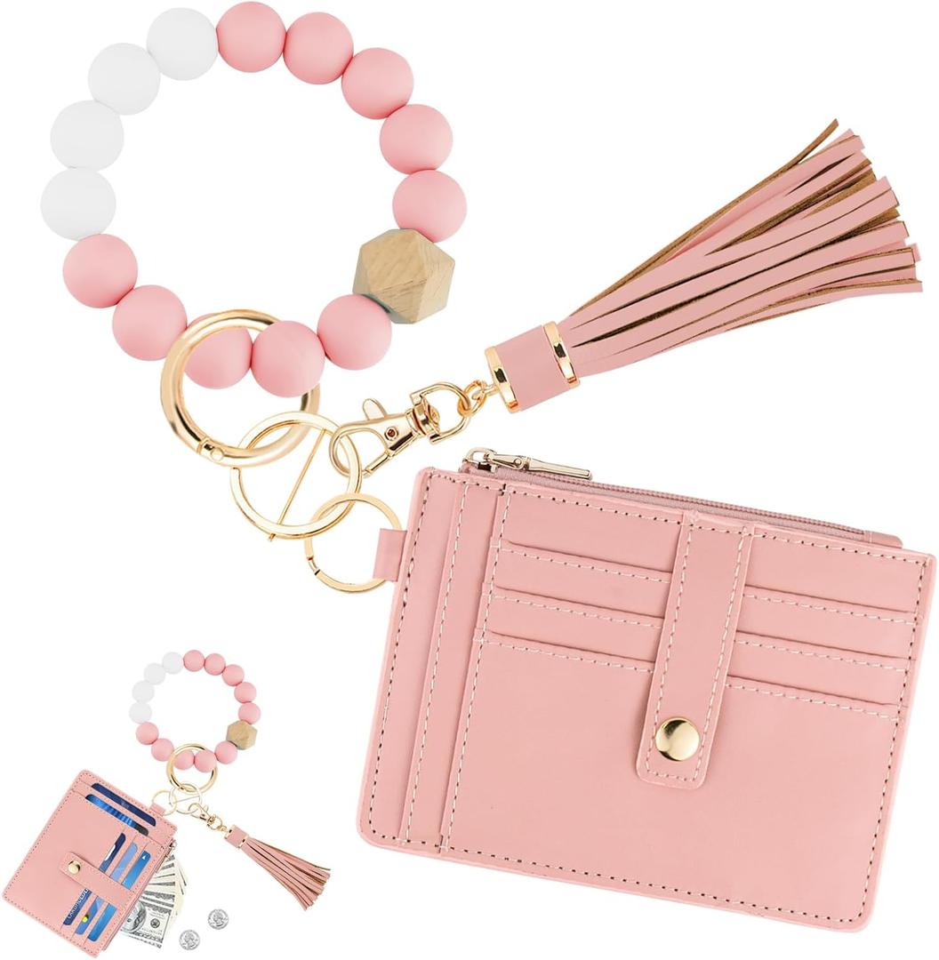 KNGITRYI Wallet Keychain Wristlet for Women,Slim RFID Credit Card Holder Purse Tassel Keychain Bangle Key Ring for Men Women (Pink)