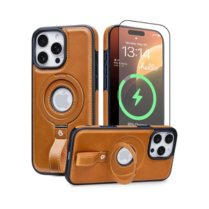 for iPhone 16 Pro Leather Case with Stand, Anti-Slip Grip Ring, Fits for MagSafe (Brown, IP 16 Pro-6.3inch)