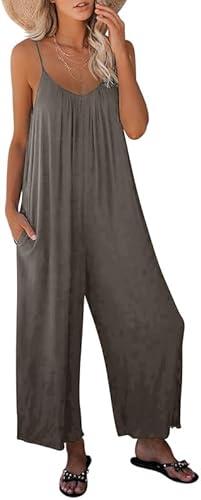 Dokotoo Women's Loose Sleeveless Jumpsuits Adjustable Spaghetti Strap Stretchy Long Pant Romper Jumpsuit with Pockets XL