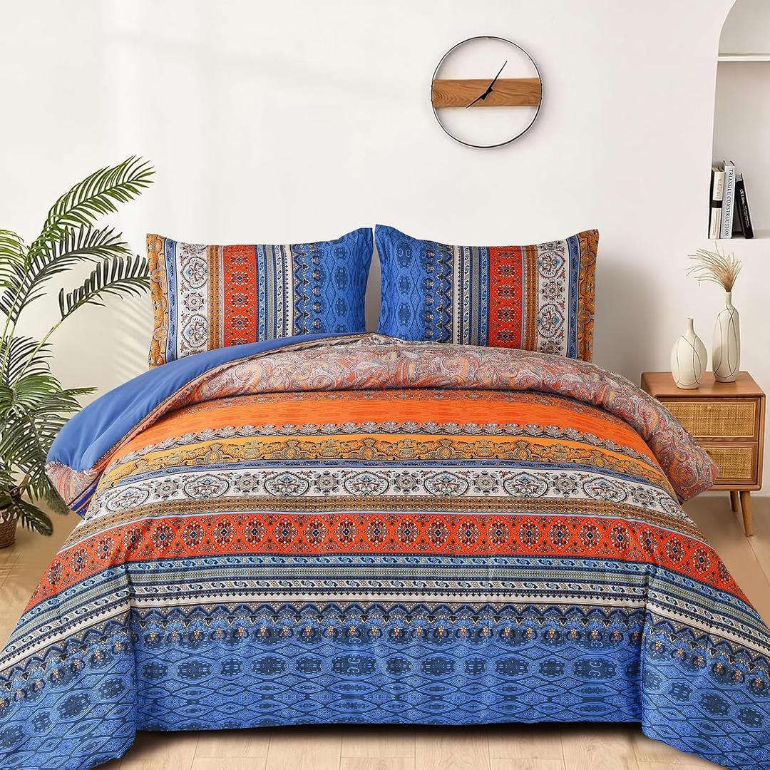 Boho Comforter King Size, 3 Piece Blue Orange Bohemian Striped Western Comforter Set, Ultra Soft Lightweight Microfiber Boho Hippie Bedding Set with 2 Pillow Shams for All Seasons