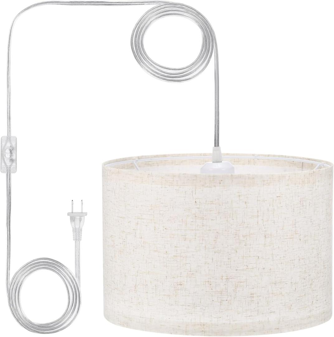 PATIKIL Plug in Pendant Light, 15Ft Rope Cord Hanging Lamp Fixture with ON/Off Switch, Linen Fabric Shade E26/E27 Bulb Socket for Bedroom Kitchen Living Room, Beige