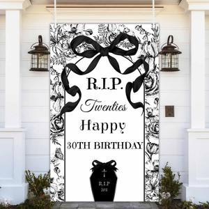 MEHOFOND 3.6x6ft Black Bow Rip to My 20s Happy Birthday Backdrop Coquette Party Decor for RIP 20s Sign, 30th Birthday Party Photo Studio Booth Props