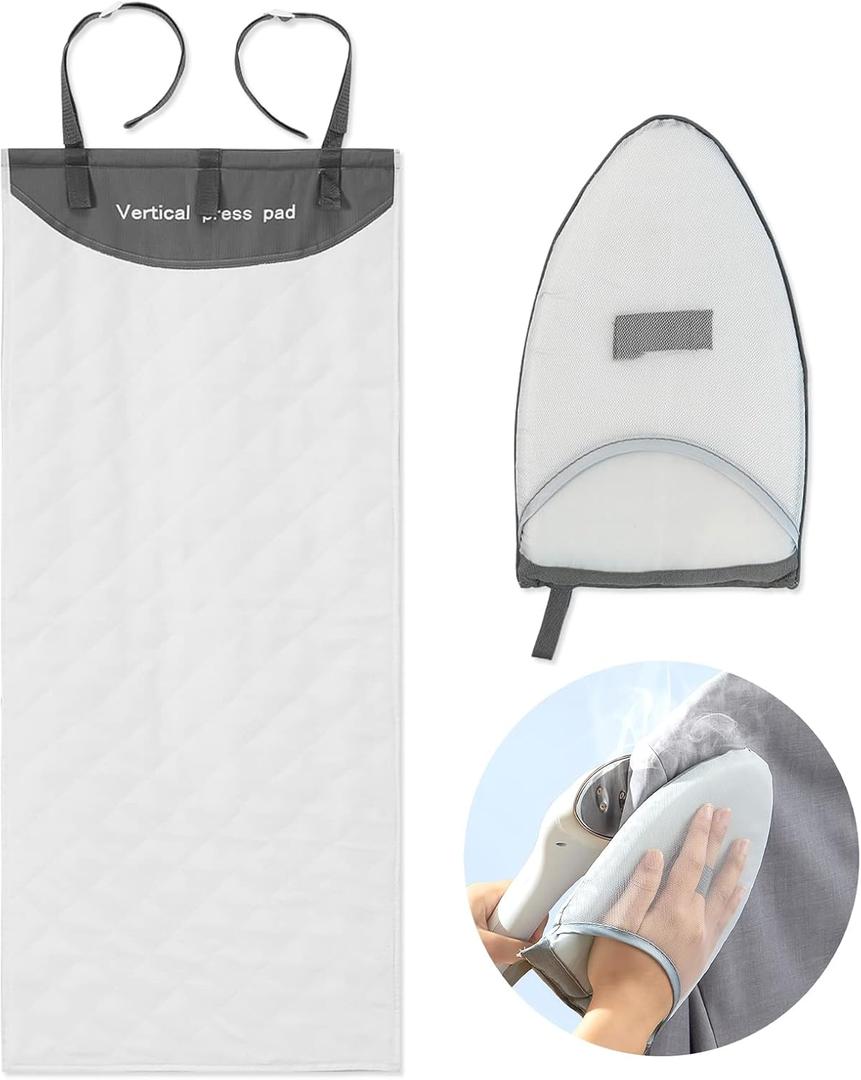 Over The Door Press Pad, Vertical Mounted Clothes Steamer Shield with Protective Glove, Heatproof Mat for Handheld Garment Care Tools, Gray and White