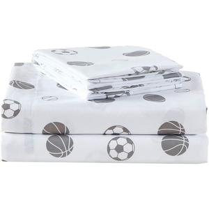 Chezmoi Collection 4-Piece Kids/Teens Sports Sheet Set - Soft Microfiber White Gray Baseball Basketball Football Soccer, Queen Size