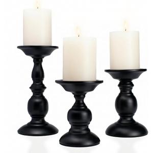 Black Pillar Candle Holders Set of 3, Vintage Candle Holder for Table Centerpiece & Fireplace Decor, Decorative Antique Candle Stand for Dining & Living Room Decoration