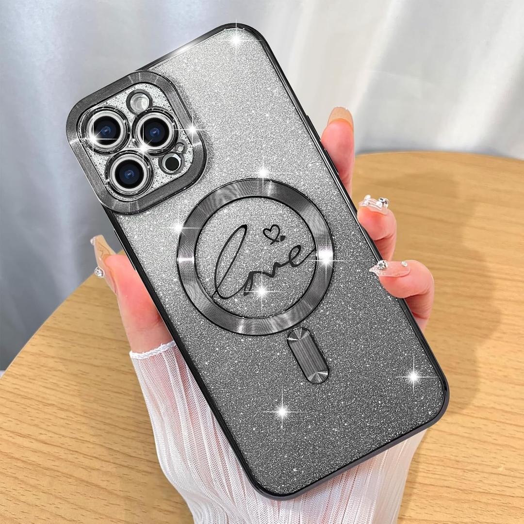 ZIYE Magnetic Case Designed for iPhone 12 Pro Glitter Case Luxury Plating Love Heart Compatible with MagSafe Clear Case with Camera Protector Protection Shockproof Cover for Women Girls-Black
