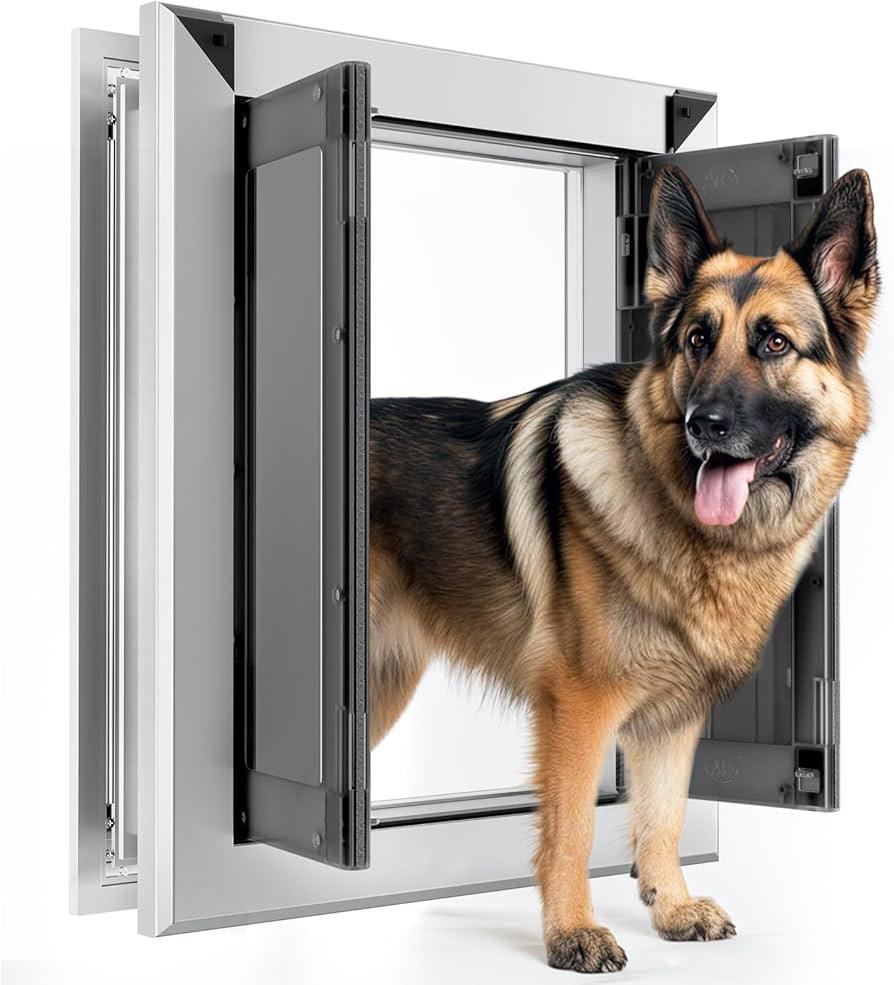 Aluminum Large Dog Door for Exterior Door,Strong Double Magnetic Flaps,Heavy-Duty Dog Door for Large and Medium Dog Up to 120LBS (Large, Silver)
