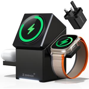 ZEEHOO 3 in 1 Charging Station, iPhone Charging Station for Apple MagSafe Charger, Qi2 Certified, 15W Fast Wireless Charger, for Apple Watch, for iPhone 17,16 15,14,13,12 Series, AirPods (Black)