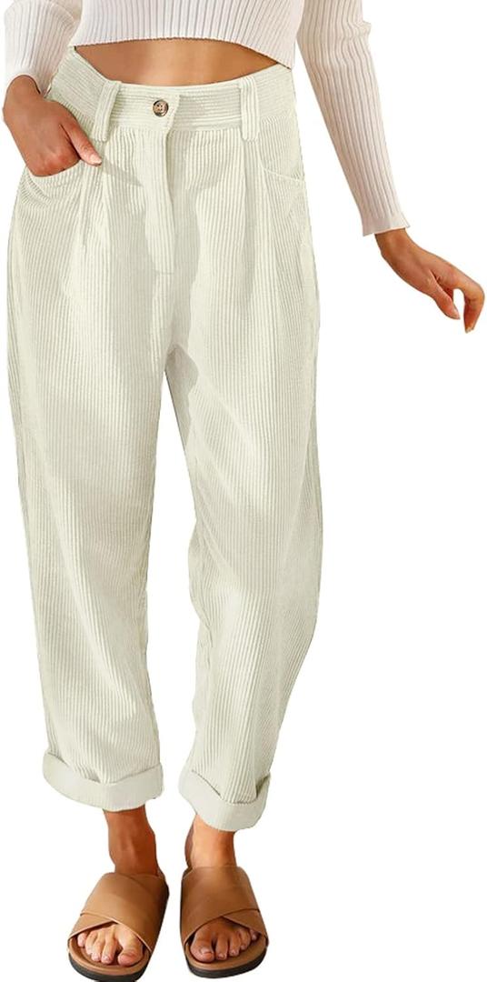 Acelitt Womens Elastic Waist Straight Leg Corduroy Pants with Pockets, XS