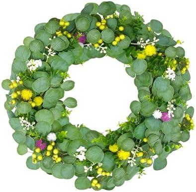 Harmix 24" Green Berry Eucalyptus Leaf Wreath, Artificial Spring And Summer Wreath With Pink Purple Cones And Pomegranate Fruit Decorations Your Front Door And Windows, Suitable For Indoor And Outdoor