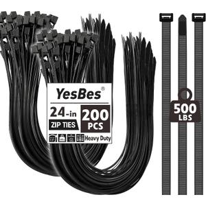 200 PCS Zip Ties 24 Inch Heavy Duty, Large Cable Ties 500lbs Tensile Strength, Black Zip Ties for Indoor and Outdoor Use, UV Resistant Wire Ties