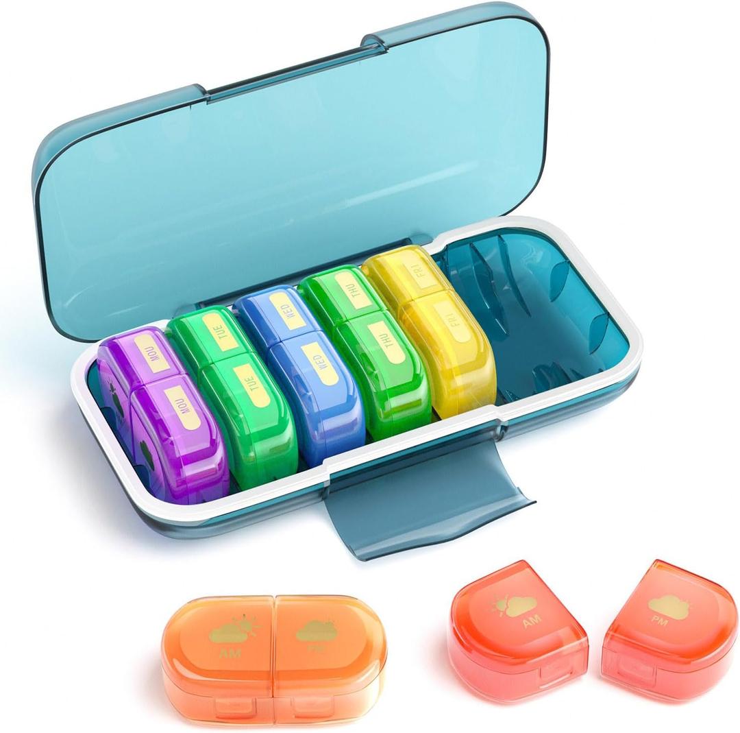 Weekly Pill Organizer 2 Times a Day, Moisture-Proof, Detachable Compartments, AM PM Pill Box 2X 7 Day, Travel Pill Organizer for Pills/Fish Oil/Medication/Vitamin/Supplements (Blue + Colorful)