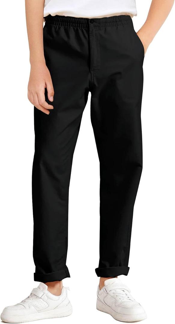 Haloumoning Boys School Uniform Chino Pants Kids Elastic Waist Pull on Twill Pants with Pockets, 27 (Black)