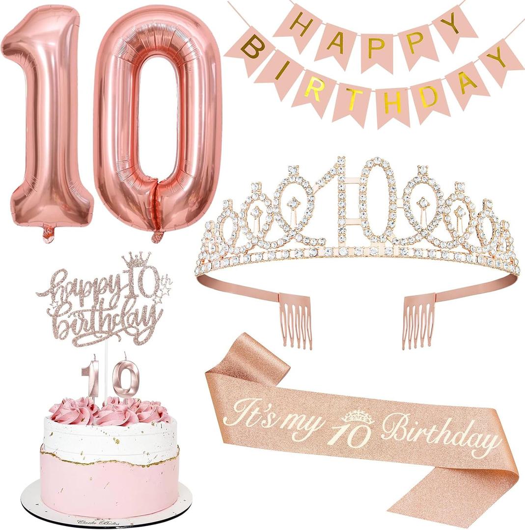 10th Birthday Decorations Set, Including 10th Tiara and Sash, Happy Birthday Banner, Cake Toppers, Number Candles and Balloons Set, Rose Gold
