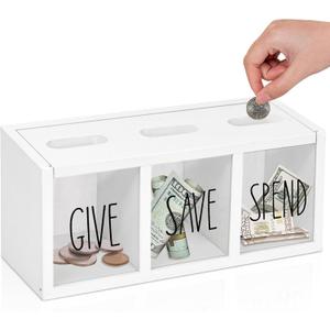 Wooden Piggy Bank for Kids, Money Saving Box for Adults, Kids Banks for Bills and Coins, Boys & Girls Piggy Bank, Visualized Saving Box Boalord for Bedroom, Living Room, Laundry Room, Countertop (White)