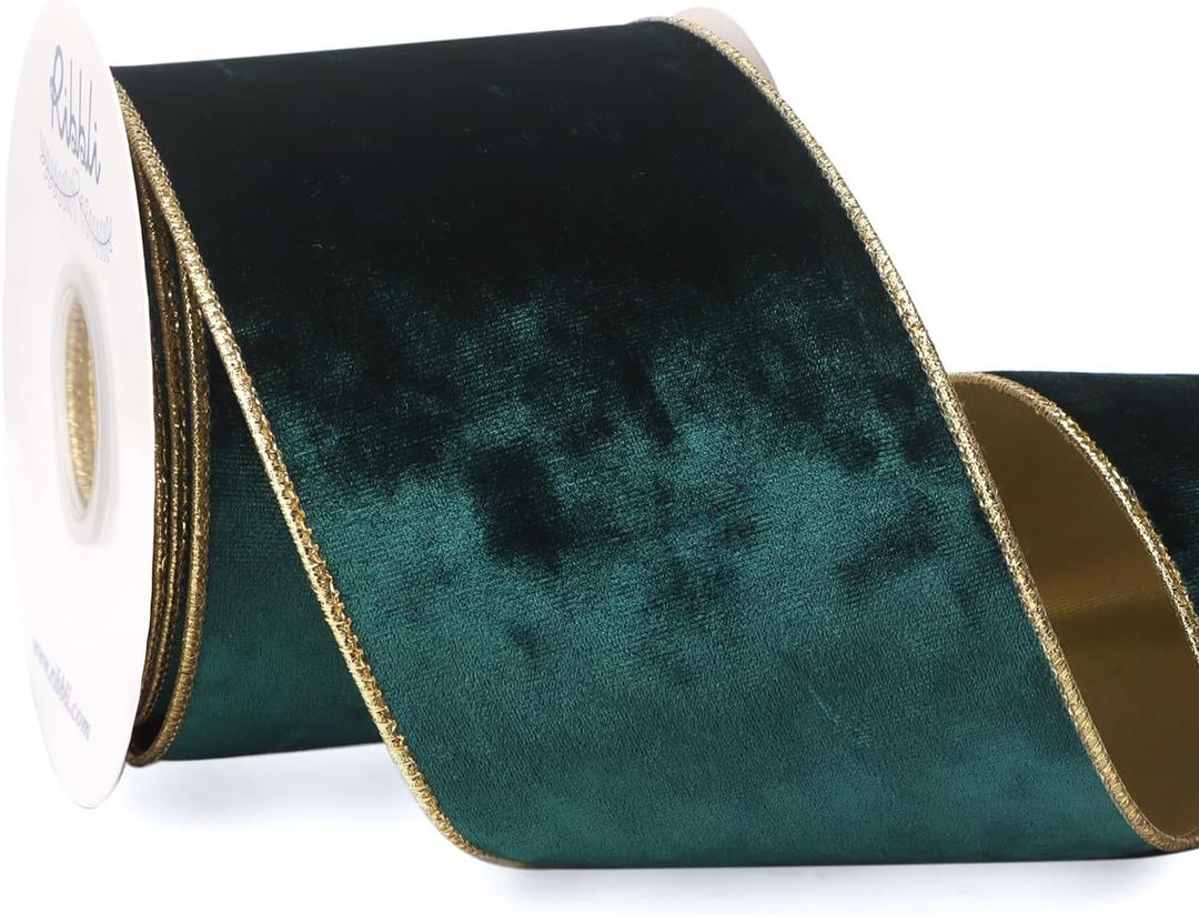 Ribbli Forest Green Velvet Wired Ribbon 4 Inch Metallic Green Gold Crushed Velvet Christmas Ribbon for Gift Wrapping Christmas Tree Decoration Crafts Wreaths Supplies-Continuous 10 Yards