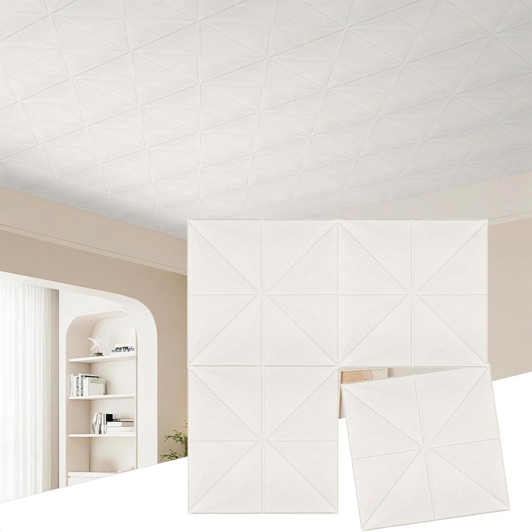 Peel and Stick Ceiling Tiles Foam 13.8x13.8 inch, 32 Pcs Covering 42 sq.ft Self-Adhesive Waterproof Ceiling Tiles for Interior Wall Decor, White Pattern (Star)